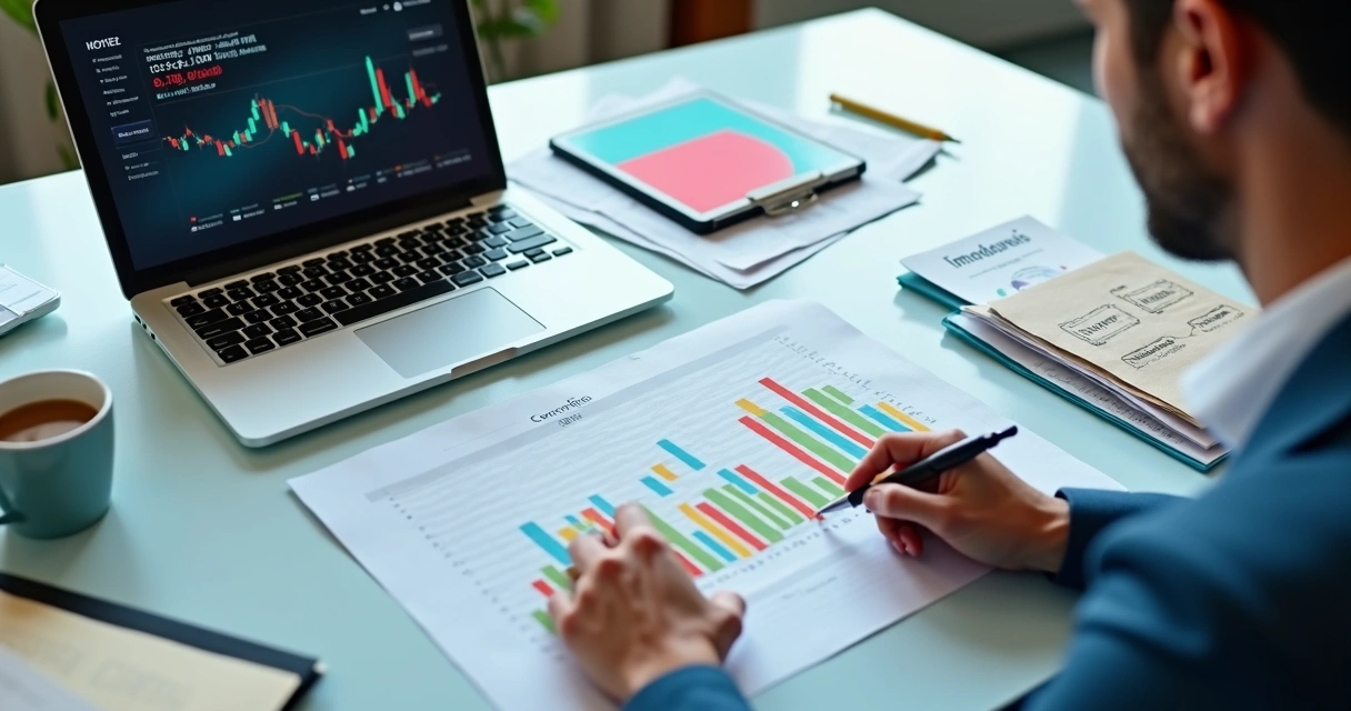 Planejamento financeiro com consórcio, homem analisando gráficos de investimentos 