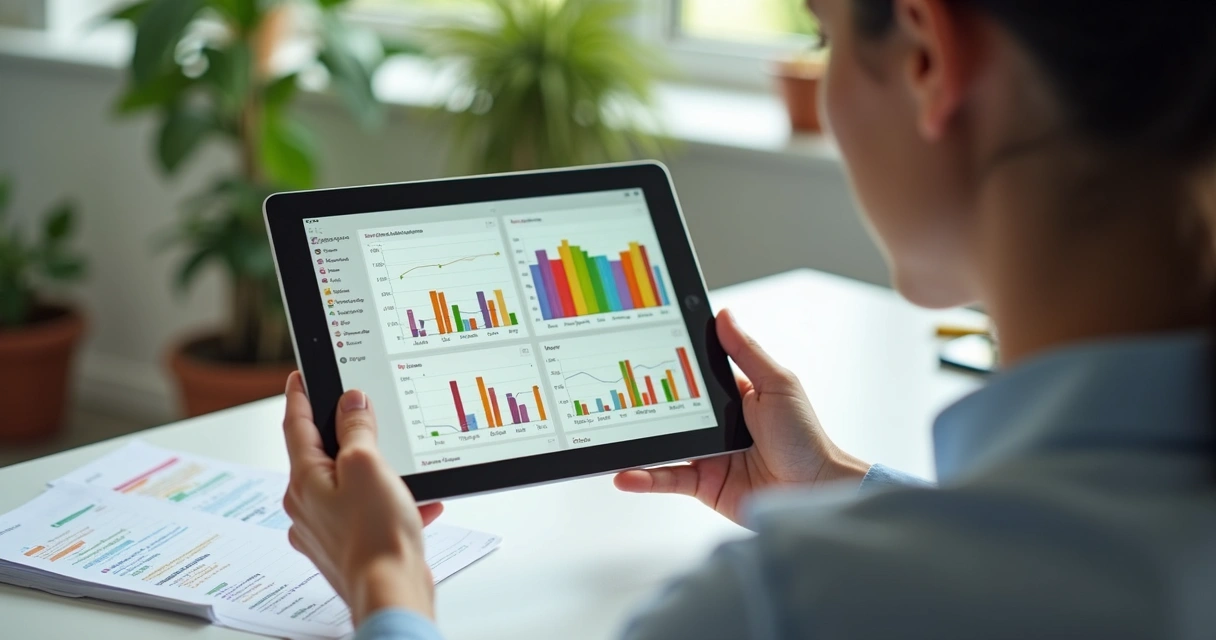 Nutricionista analisando dados do paciente em tablet com gráficos coloridos 