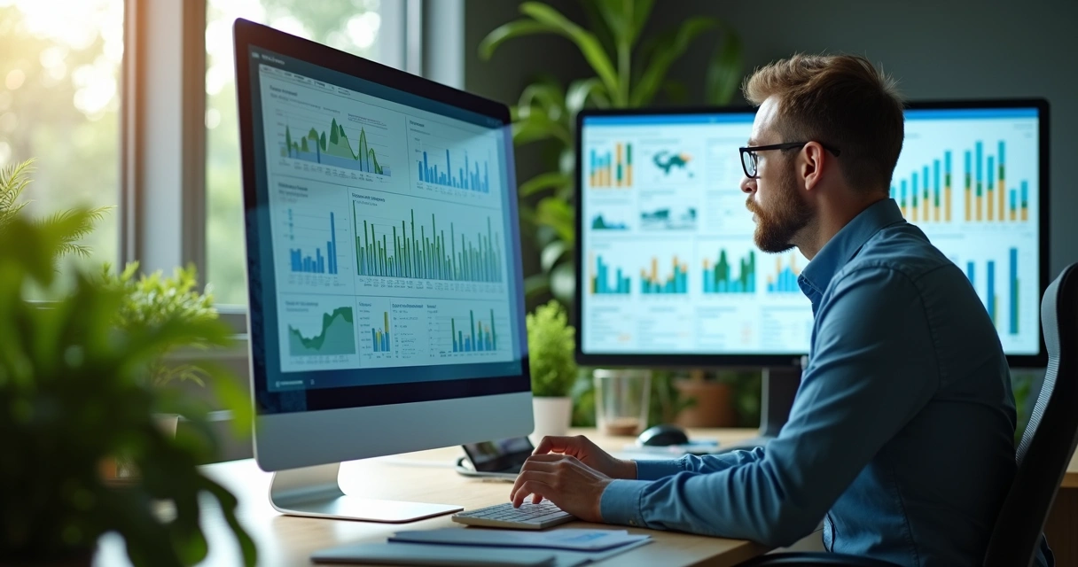 Consultor ambiental analisando painéis digitais de gestão empresarial 