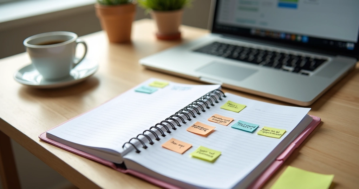 Agenda de psicóloga com recados coloridos e anotações sobre recesso