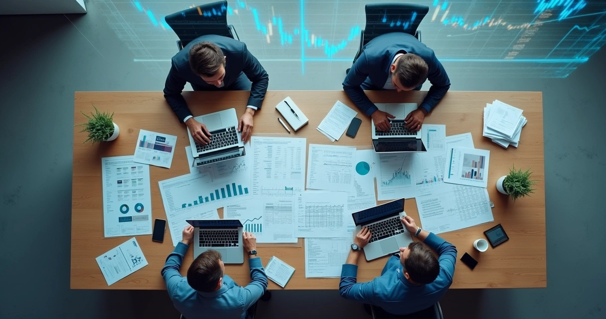 Equipe analisando planejamento contábil em sistema digital 