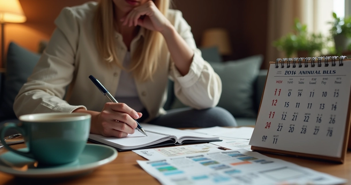 Mulher preenchendo lista de contas em papel no sofá