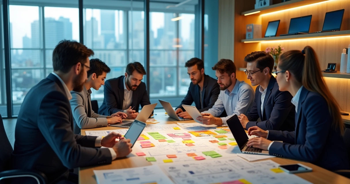 Equipe cria planejamento de conteúdo em mesa de reunião