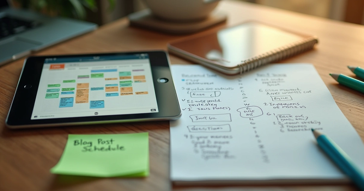 Calendário e notas usadas para planejar posts de blog 