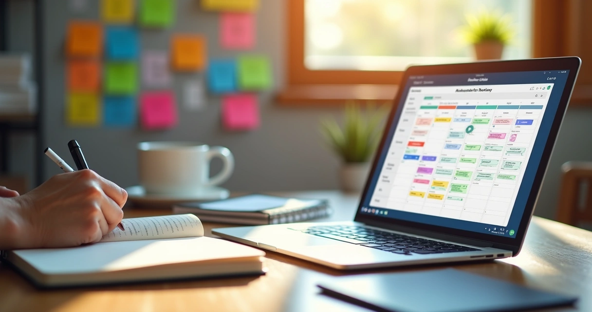 Calendário editorial aberto e pessoa escrevendo blog em laptop 