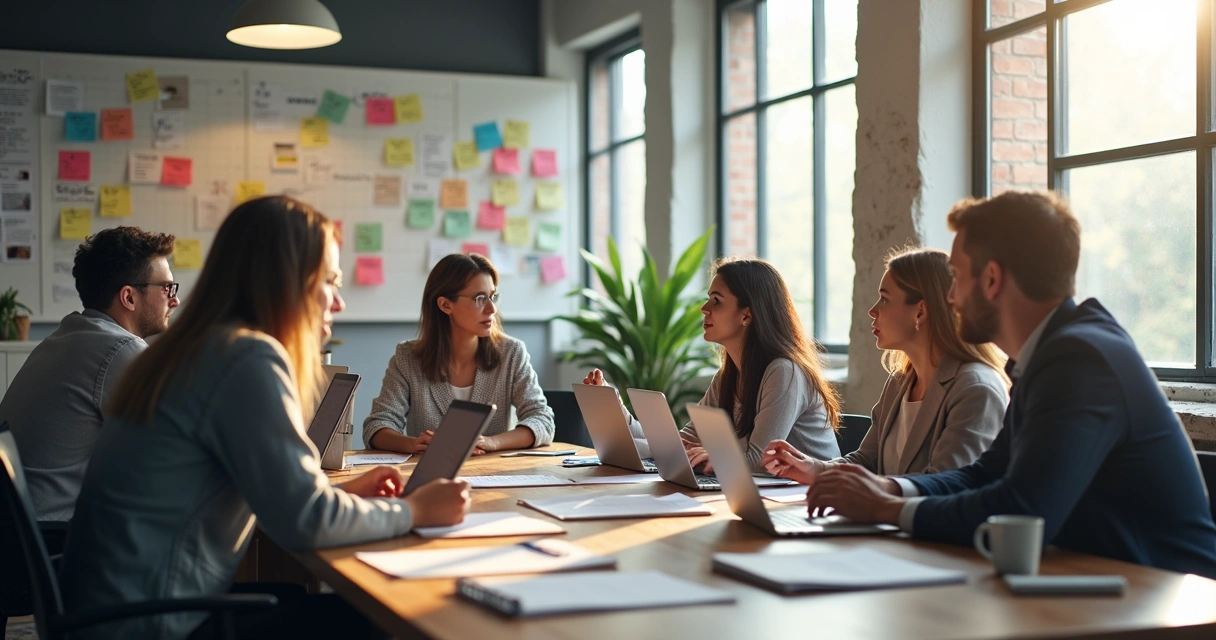Equipe reunida debatendo ideias de conteúdo para blog em sala moderna 