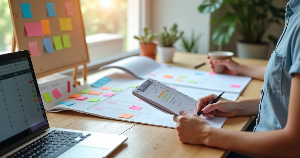 Desk with editorial calendar filled with colorful post-its