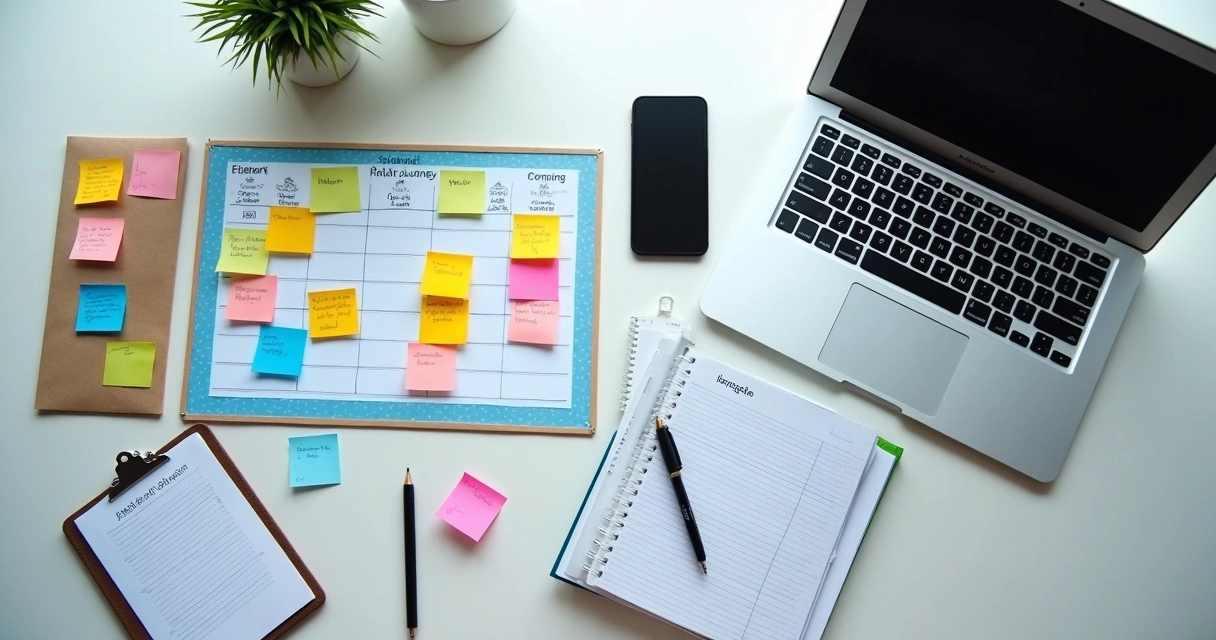 Planejamento editorial de clínica em quadro com post-its e calendário 