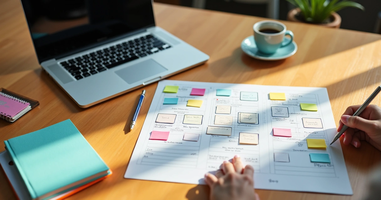 Mesa com computador, papéis e post-its coloridos em um ambiente de planejamento de conteúdo digital 