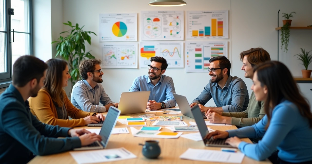 Equipe analisando gráficos de planejamento de conteúdo digital na mesa 