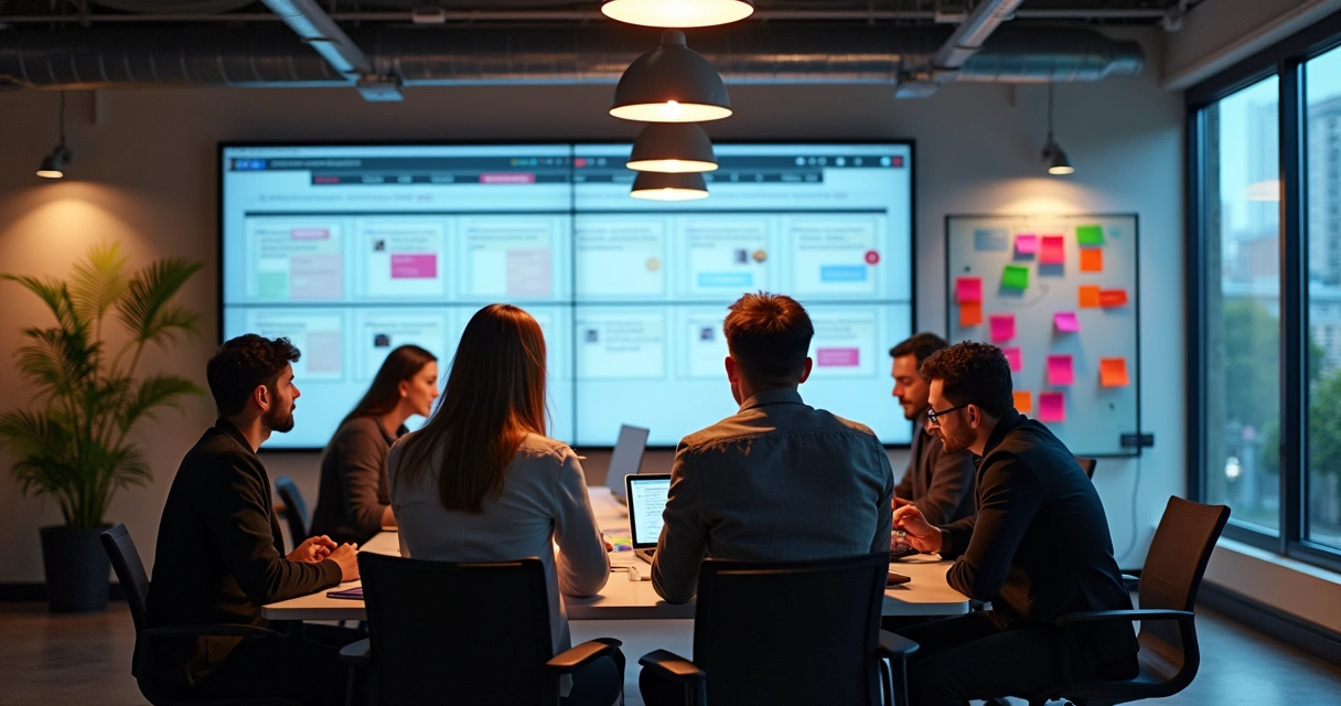 Equipe criando conteúdo digital em ambiente colaborativo 