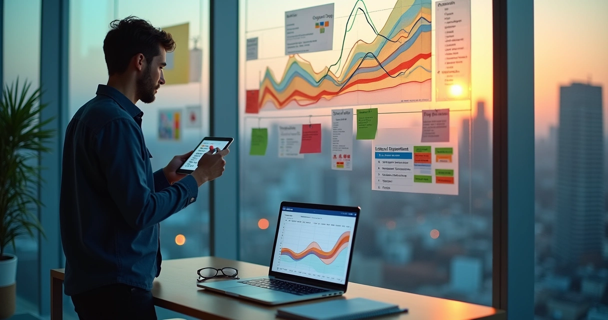 Profissional organizando ideias em painel com gráficos coloridos do Google Trends 