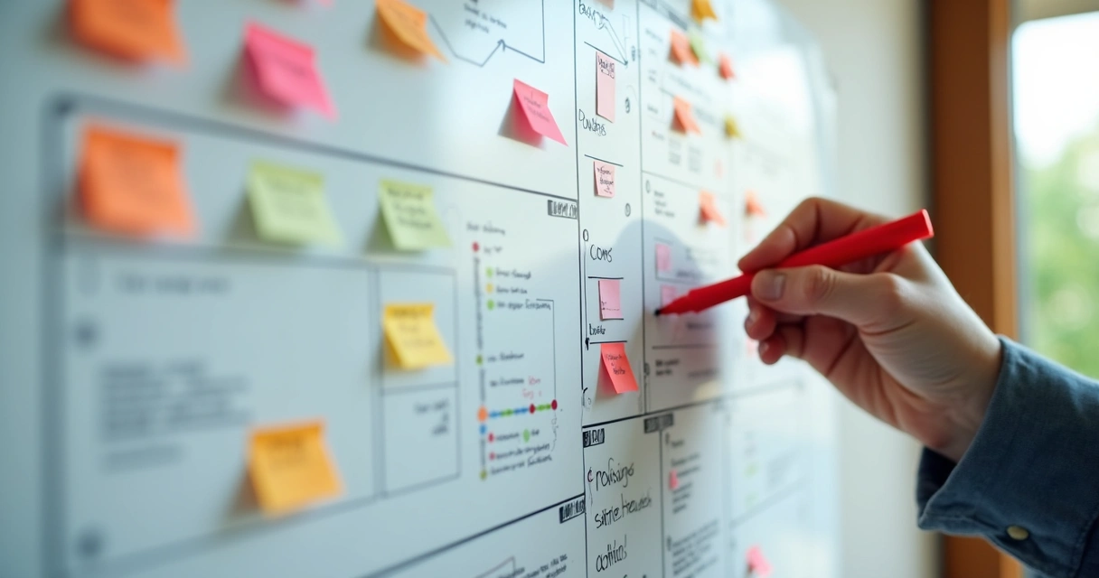 Quadro branco com planejamento de artigos, conexões de temas e fluxos de revisão, com post-its coloridos. 