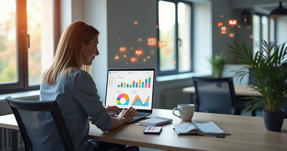 Profissional de marketing criando planejamento estratégico em laptop com gráficos de redes sociais e calendário editorial na tela 