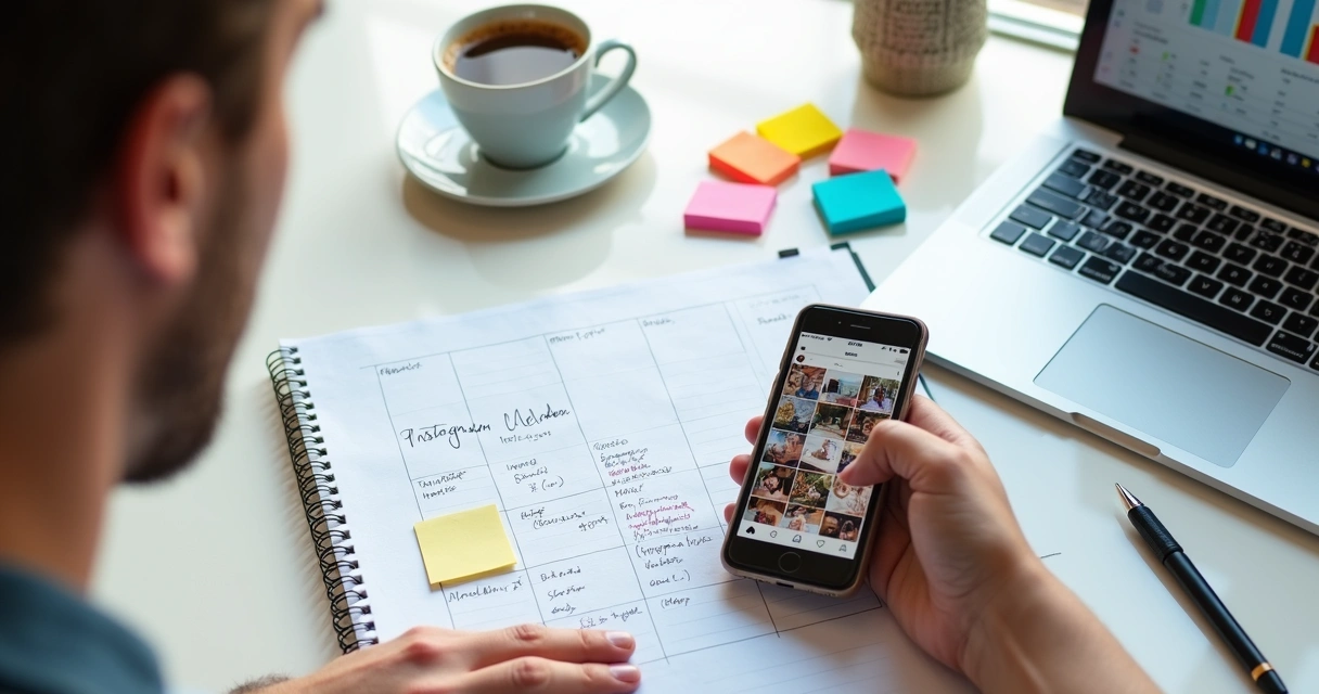 Pessoa planejando conteúdo do Instagram com calendário e celular