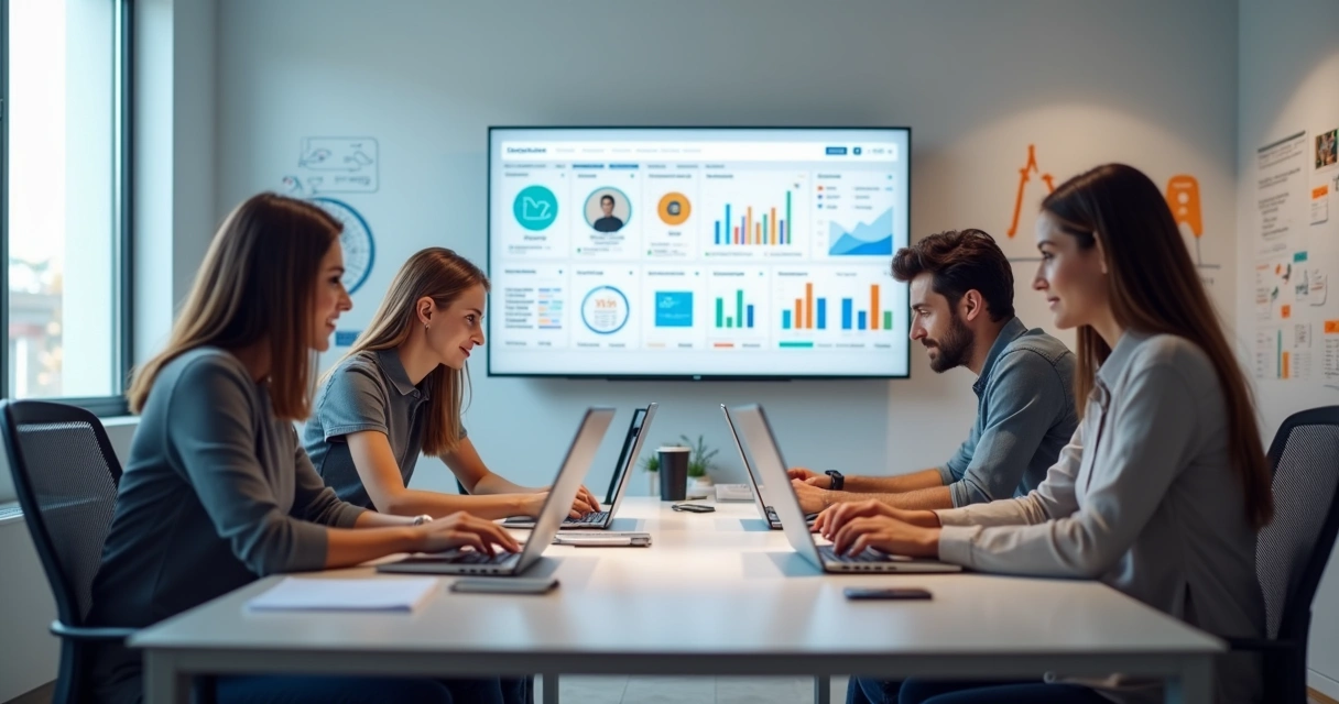Equipe reunida planejando conteúdo digital para Instagram com computadores e gráficos sobre a mesa 