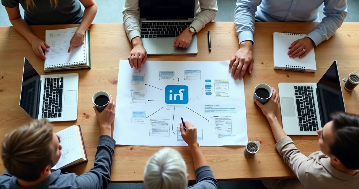 Pessoas planejando conteúdo digital numa mesa com cadernos e notebooks 