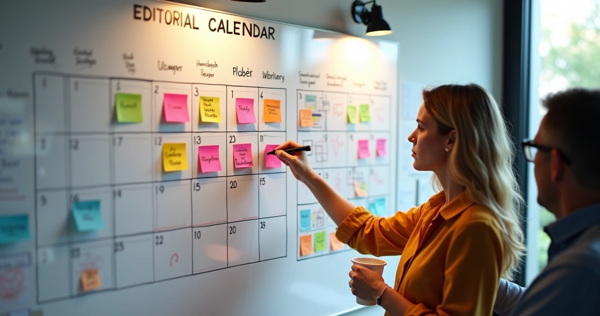Quadro branco com calendário editorial e post-its 