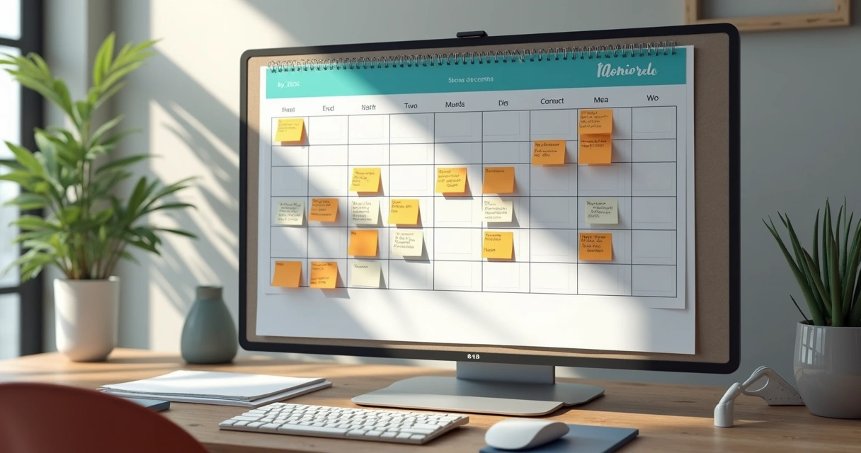 Mesa de dentista com calendário, computador e post-its organizando ideias de conteúdo