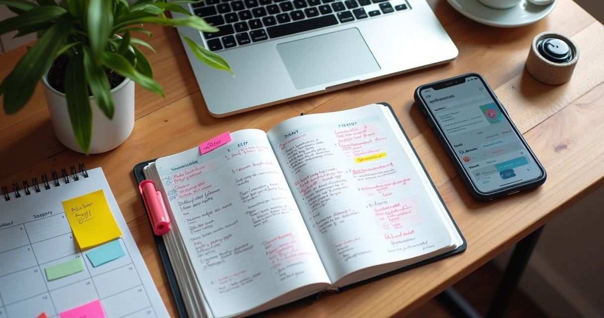 Planejamento de conteúdo para redes sociais com calendário, anotações, computador e smartphone