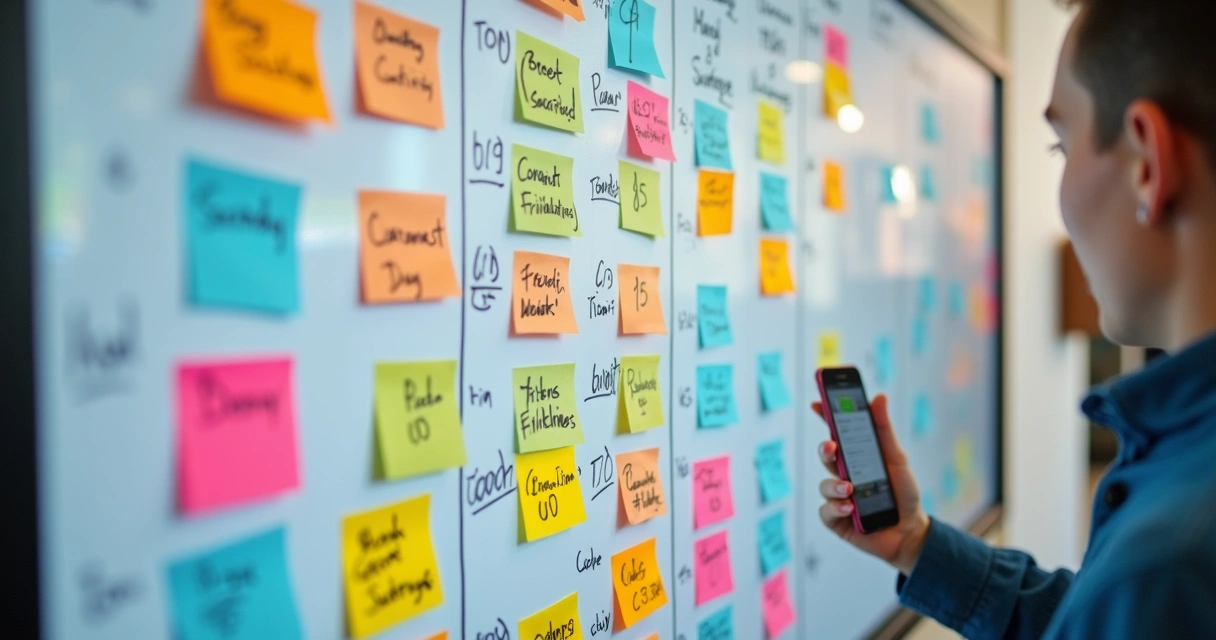 Digital whiteboard with colorful calendar and scheduling marks for social media posts