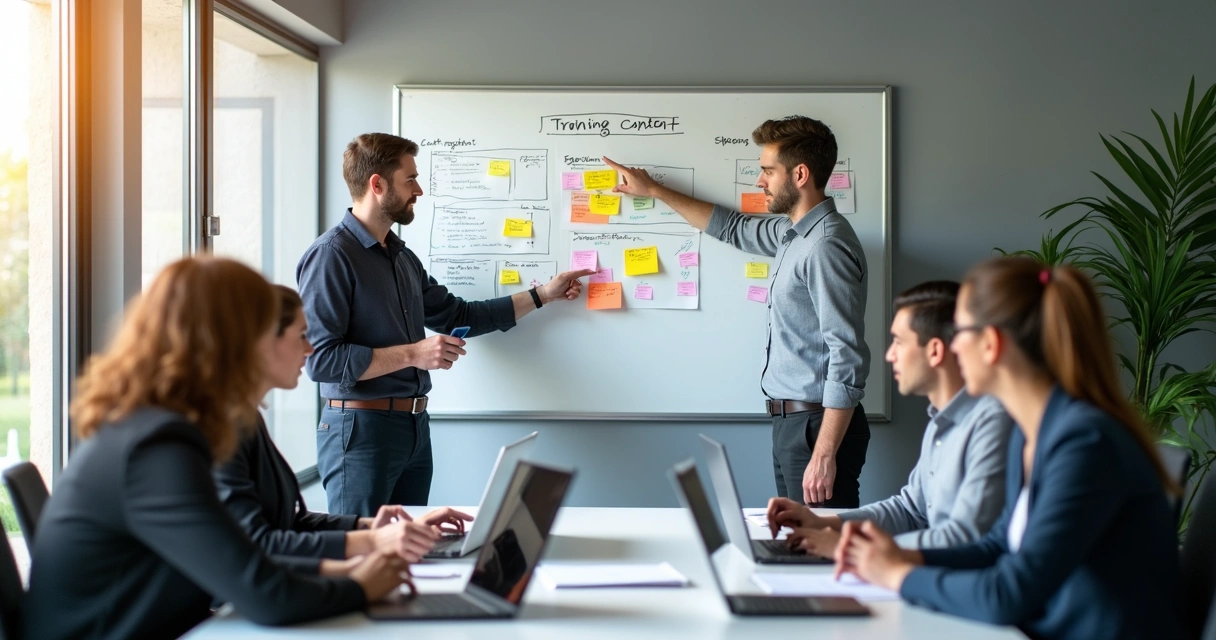 Pessoas planejando conteúdo de treinamento com quadro branco, papéis coloridos e laptops 