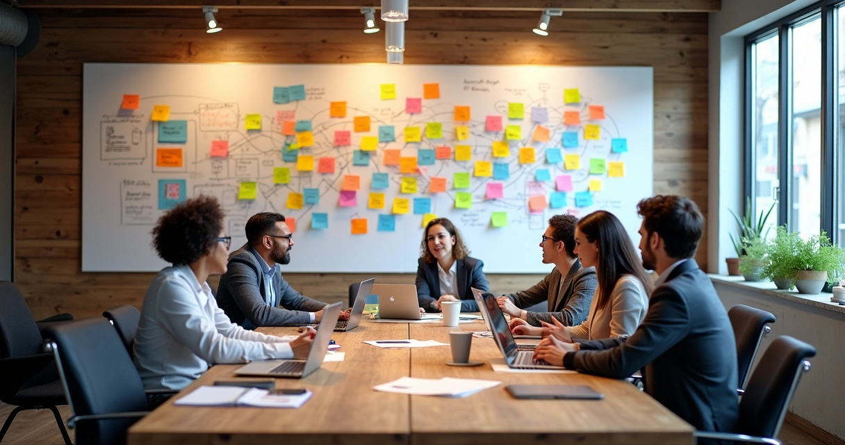 Quadro branco com post-its coloridos organizando temas diversos 