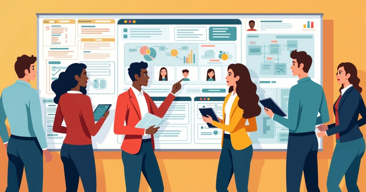 Equipe analisando quadro de planejamento de crise com fluxogramas e contatos 