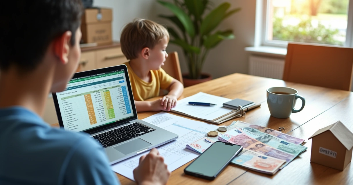 Família brasileira planejando conversão de moedas para morar no exterior com gráficos e notas estrangeiras sobre a mesa 