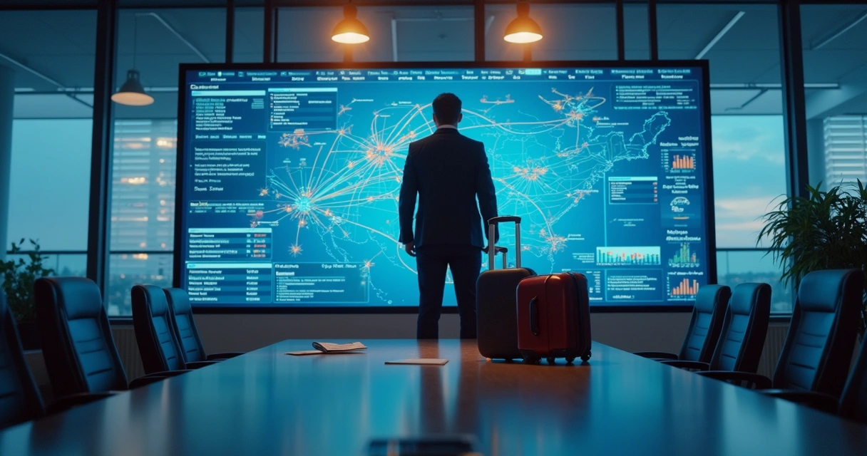 Profissional analisando gráficos e dados de viagens corporativas em tela grande 