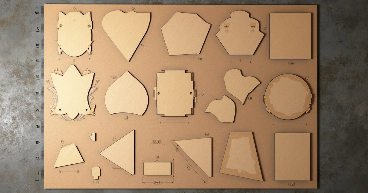 Diagrama mostrando peças organizadas em uma chapa para corte industrial. 