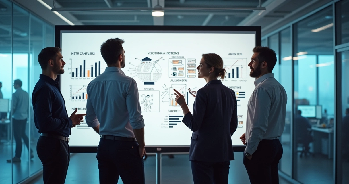 Equipe de marketing planejando crescimento de campanhas de tráfego pago em quadro branco