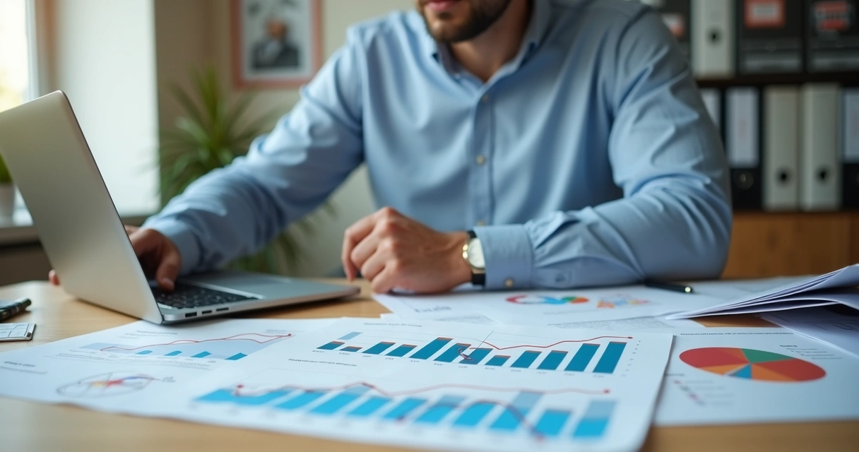 Empresário analisando gráficos e metas de crescimento em escritório 