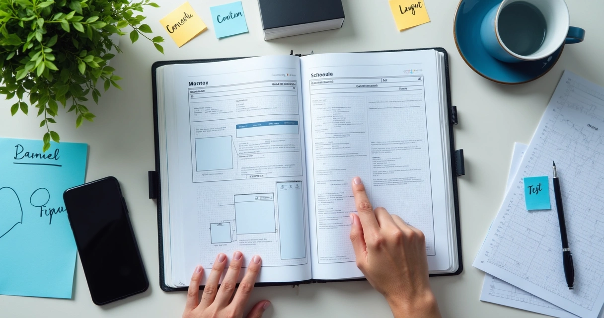 Pessoa organizando etapas de criação de site em mesa com notebook e anotações 