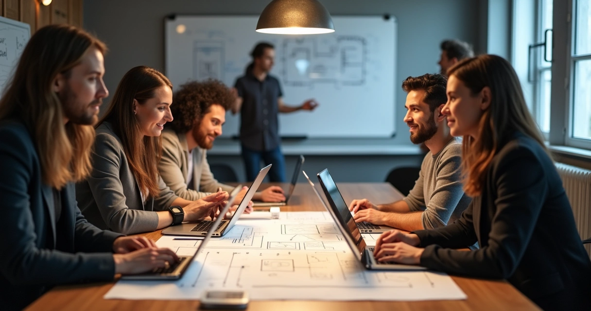 Equipe analisa esboço de site em reunião 