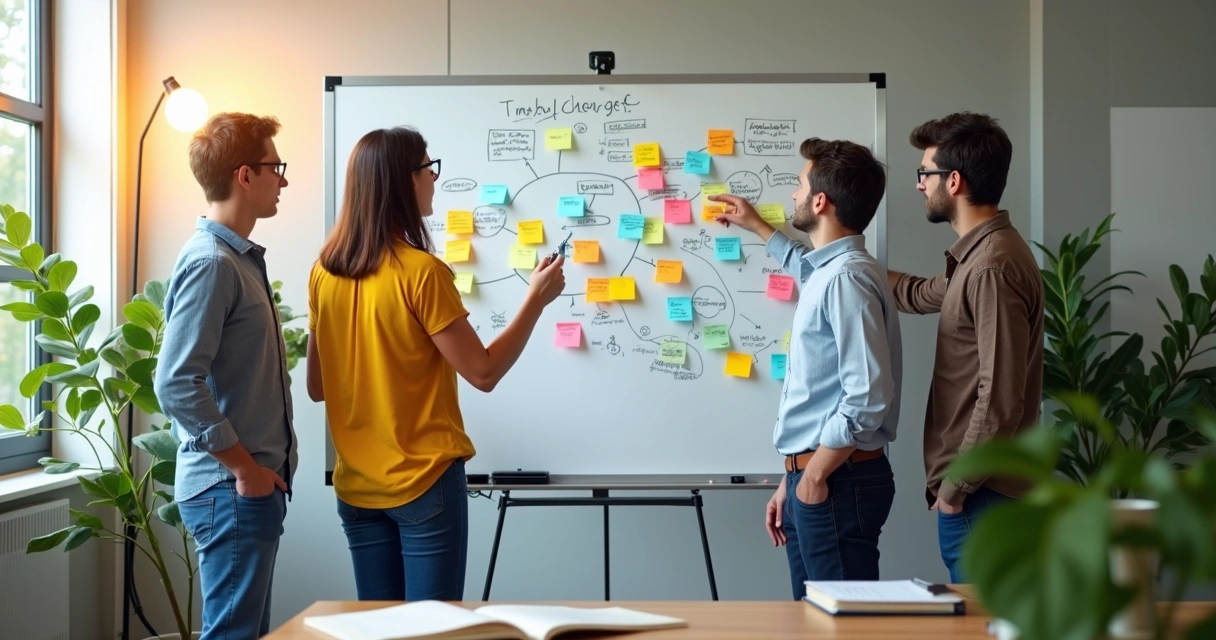 Equipe organizando ideias criativas em quadro visual