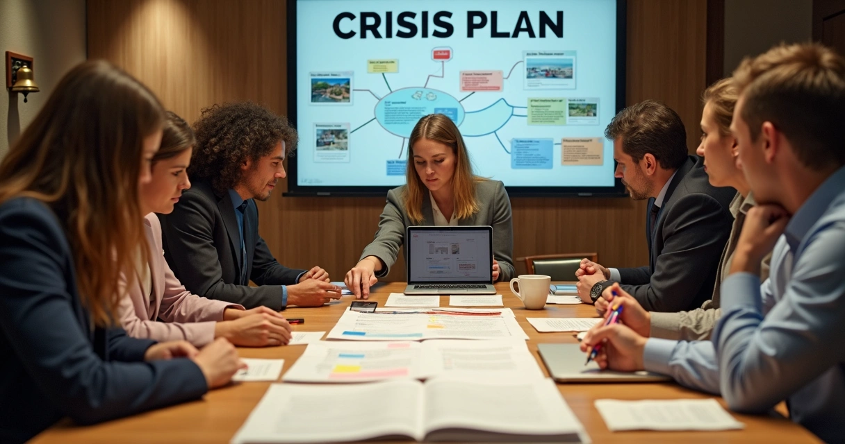 Equipe hoteleira em reunião estratégica com manual de crise aberto sobre a mesa 