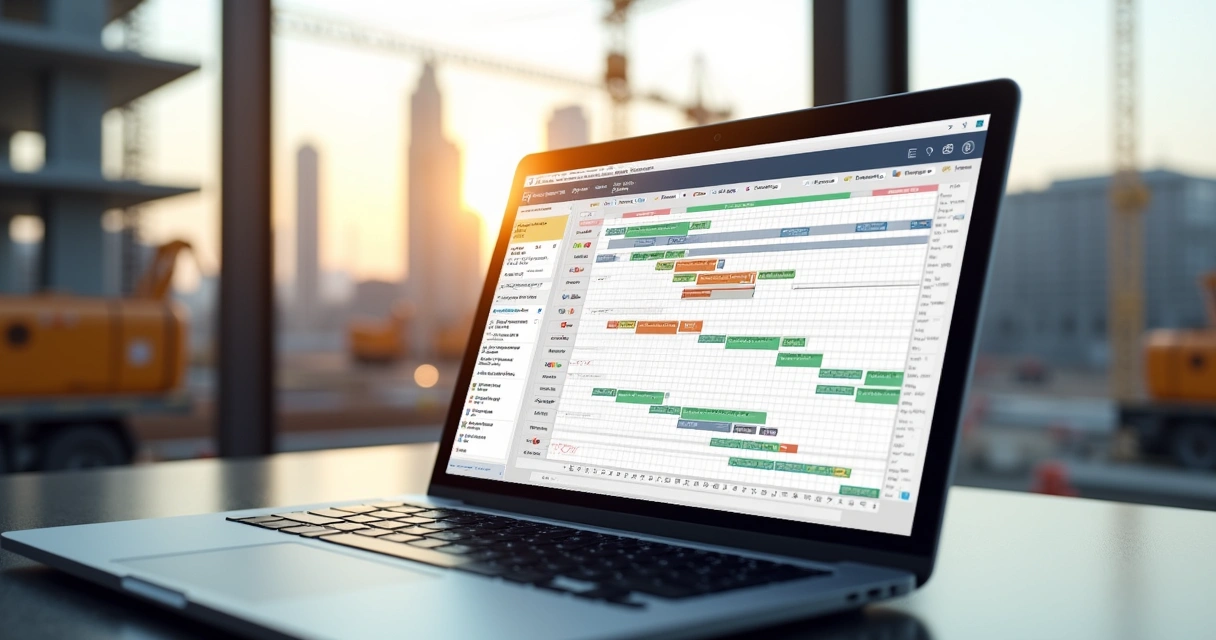 Computador mostrando cronograma de obra com diagrama de Gantt em tela digital com anotações e canteiro de obras ao fundo