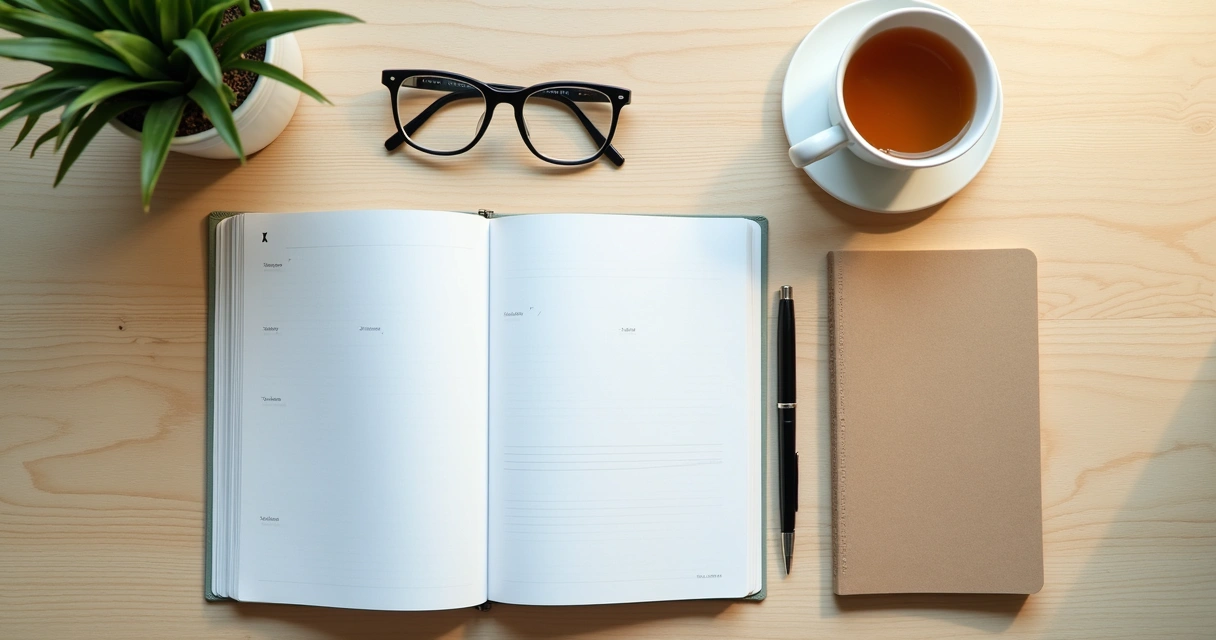 Agenda, chá e caderno sobre mesa de madeira clara 