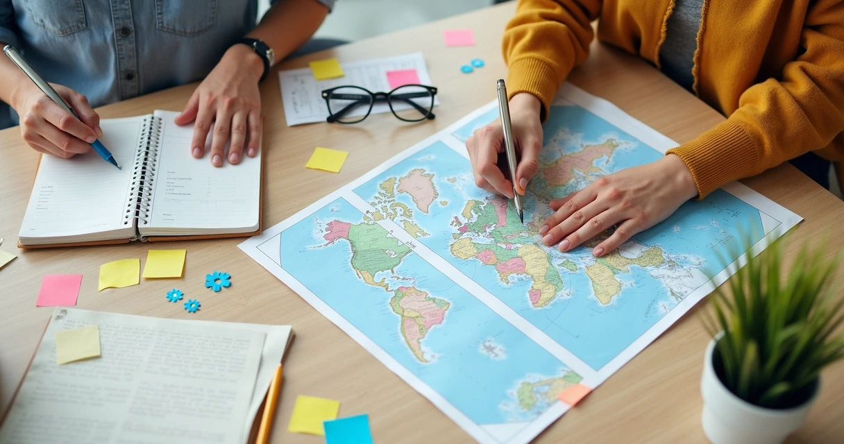 Anotações de intervenção com mapas e símbolos culturais