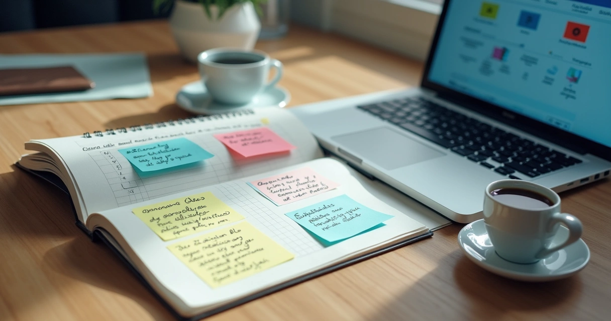 Planejamento visual de curso online em notebook e caderno