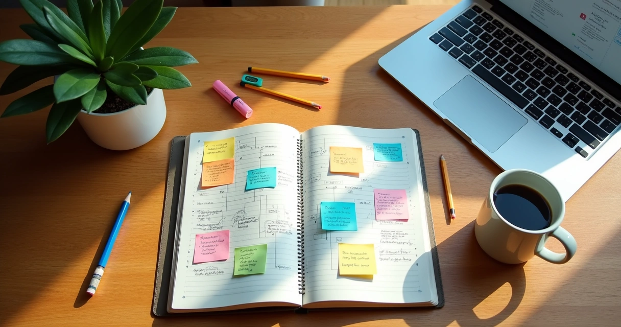Mesa com bloco de notas, laptop aberto e anotações de brainstorming 