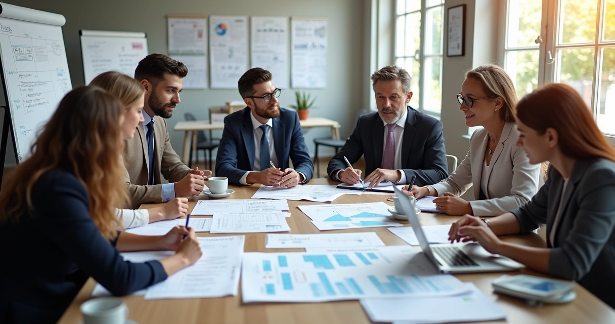 Equipe reunida em mesa planejando curso de pós-graduação 