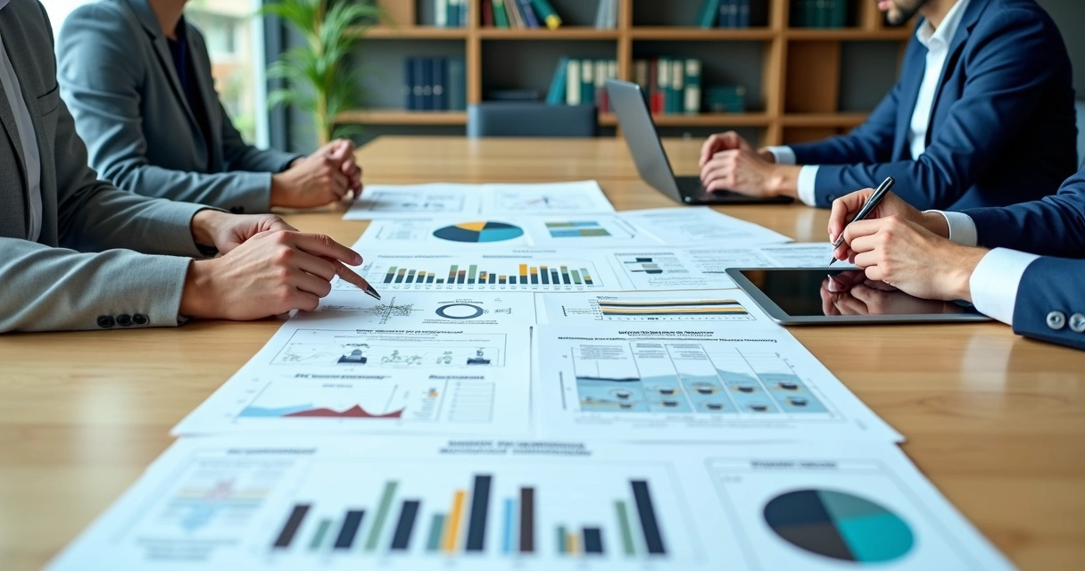 Mesa de trabalho com professionals analisando plano de curso de pós-graduação com gráficos e documentos 