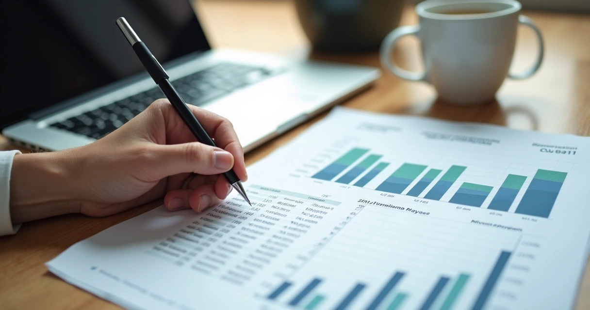Mão segurando caneta sobre planilha financeira mostrando orçamento mensal para mudança internacional com gráficos e cálculos ao redor 