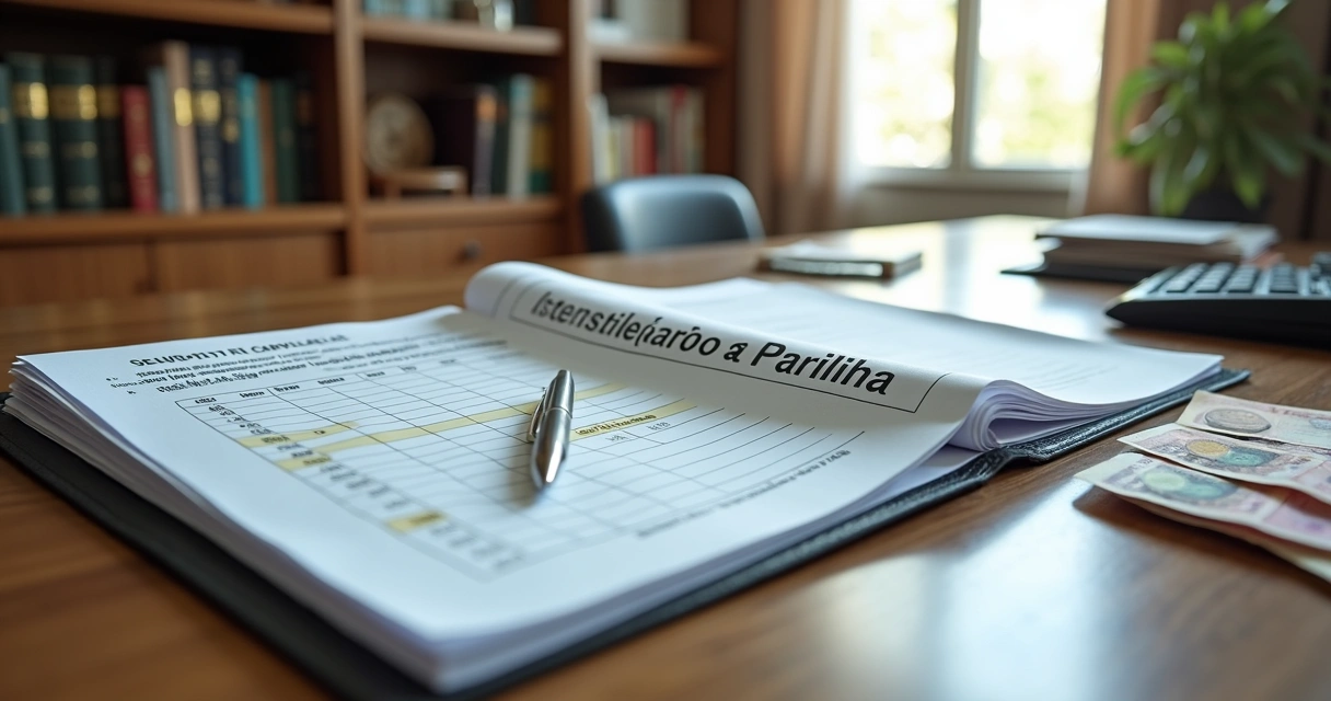 Tabela de custos de inventário ao lado de contrato e calculadora sobre mesa de madeira 