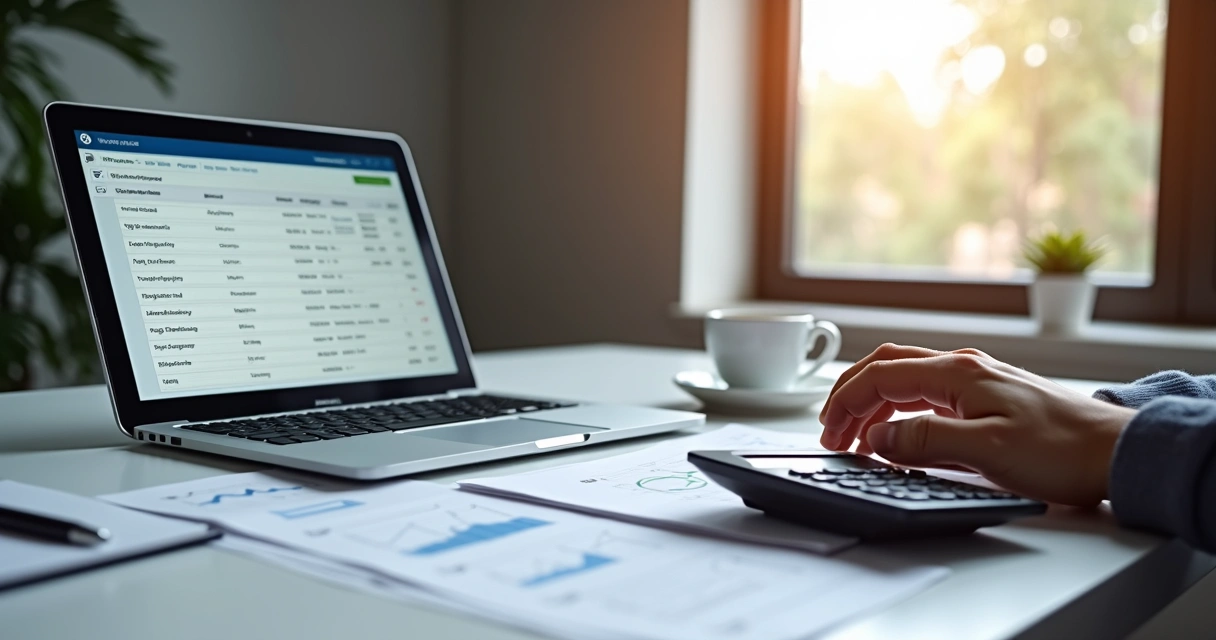 Planejamento de custos de site com papéis e laptop na mesa