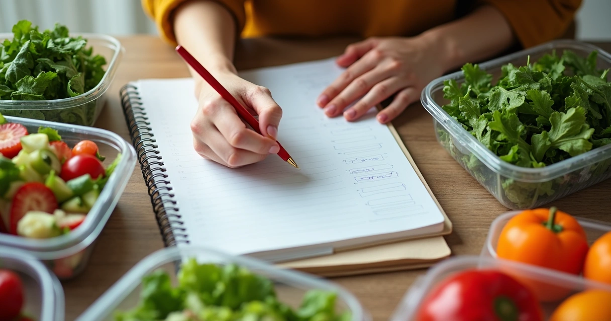 Pessoa anotando plano alimentar em caderno com alimentos saudáveis ao redor