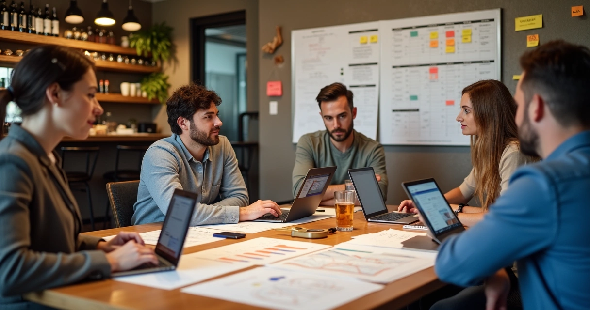 Equipe de planejamento reunida com planilhas e calendário, revisando gráficos de vendas em mesa retangular iluminada 