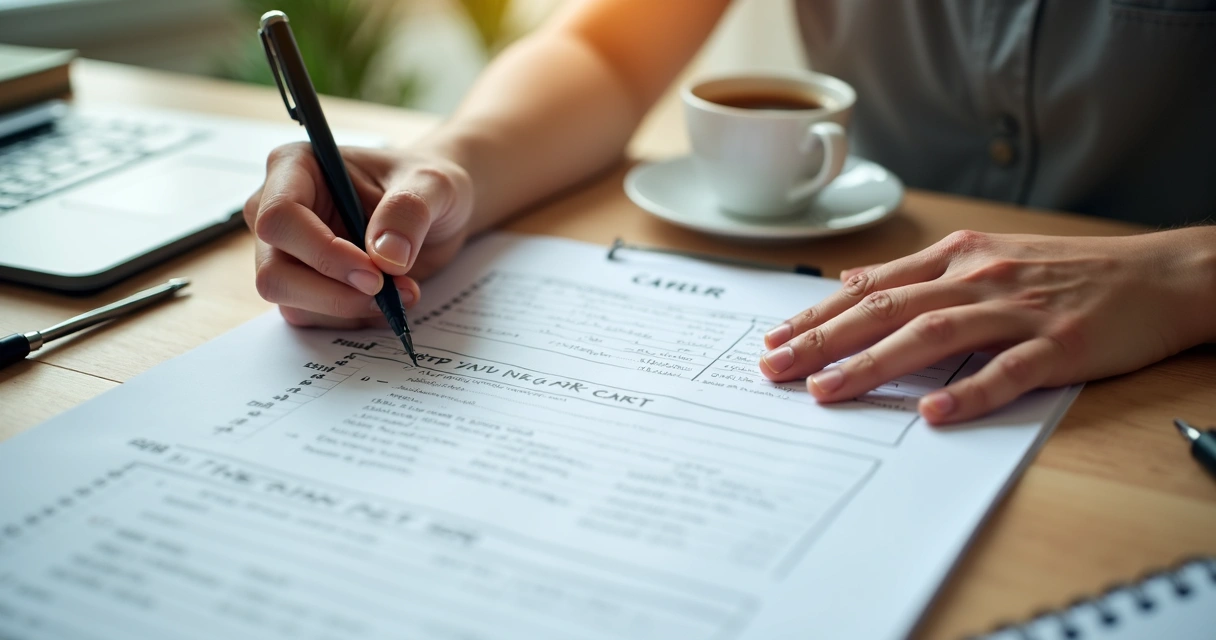 Mãos segurando caneta sobre folha de planejamento de carreira 